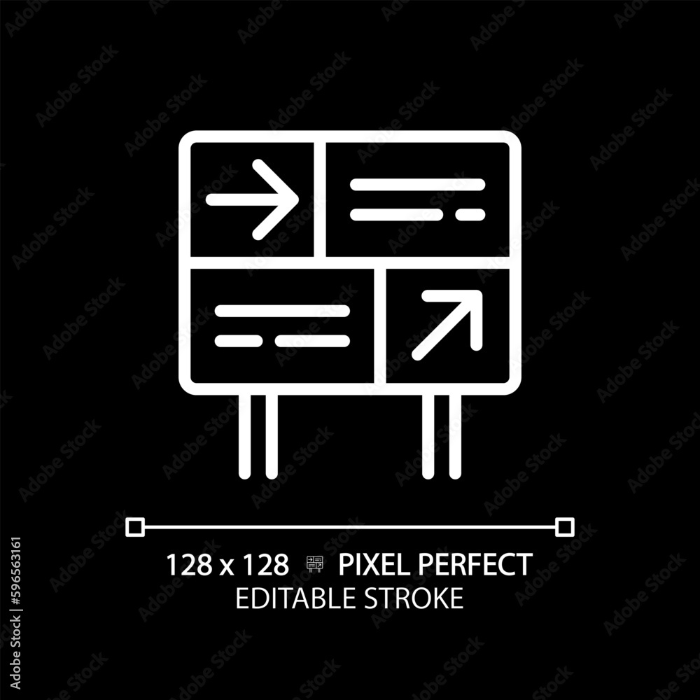 Directional sign pixel perfect white linear icon for dark theme. Train station. Navigation system. Railway platform. Thin line illustration. Isolated symbol for night mode. Editable stroke Directional sign pixel perfect white linear icon for dark theme. Train station. Navigation system. Railway platform. Thin line illustration. Isolated symbol for night mode. Editable stroke