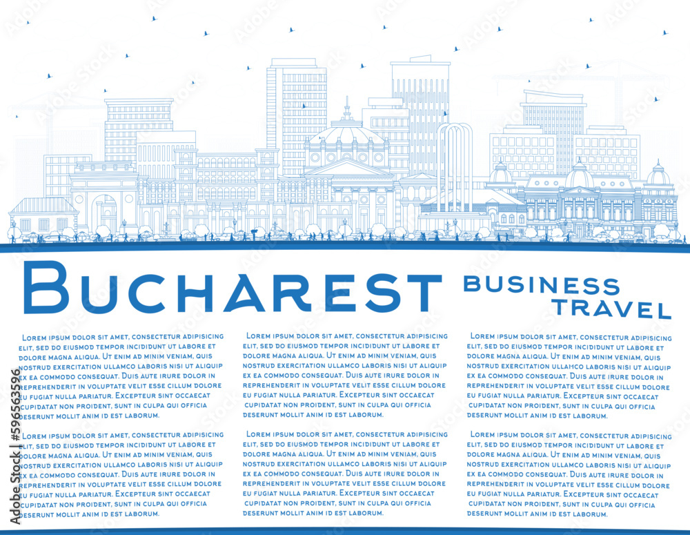 Outline Bucharest Romania City Skyline with Blue Buildings and Copy Space. Vector Illustration. Bucharest Cityscape with Landmarks.