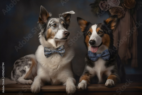 two dogs wearing bowties wedding portrait, made with generative ai