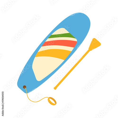 Isolated colorful sup board with paddle on white background in flat style. Summer recreation and sport