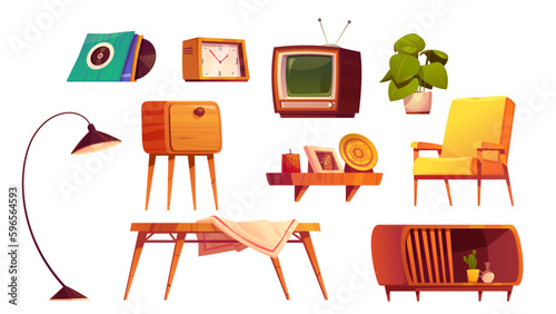 Vintage living room furniture with old tv vector design. Home apartment lounge retro interior with couch, lamp, table and armchair isolated icon on white background. Livingroom indoor scenery set