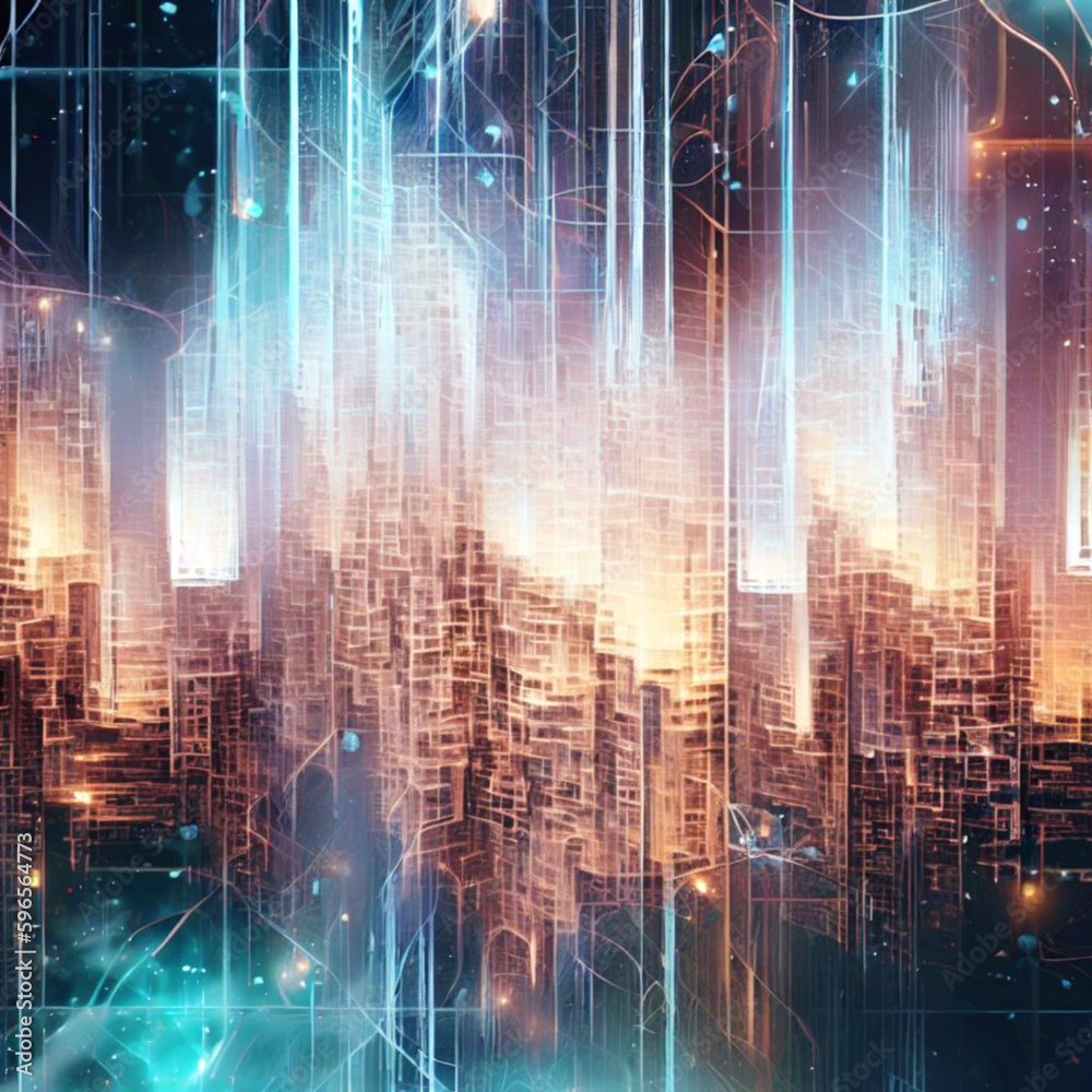 Experience the digital metropolis with 'The Digital Cityscape' stock photo, showcasing the interconnectivity of modern business and technology. Futuristic and abstract, with glowing data lines.
