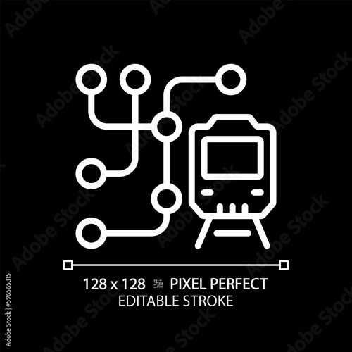 Metro map pixel perfect white linear icon for dark theme. Subway network. Public transport system. Underground railway. Thin line illustration. Isolated symbol for night mode. Editable stroke