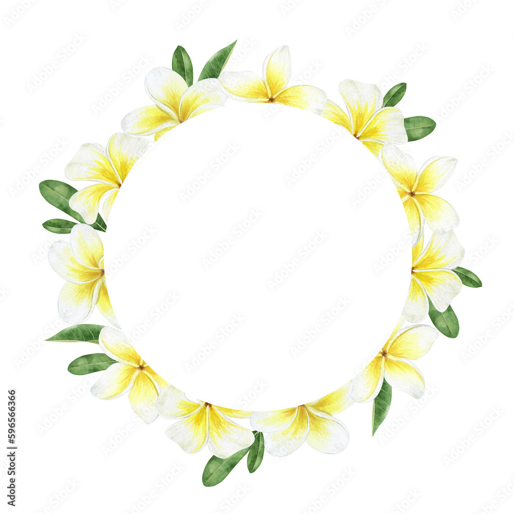Yellow plumeria flowers. Tropical exotic flowers. Watercolor round frame on a white background. For greeting cards, postcard, scrapbooking, packaging design