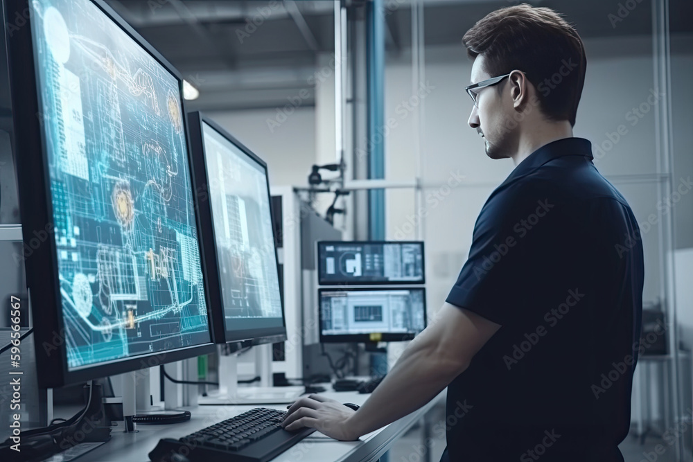 Engineer manager monitors and controls robot arm automation in smart factories in real time monitoring system software, welding robots and digital manufacturing operations	