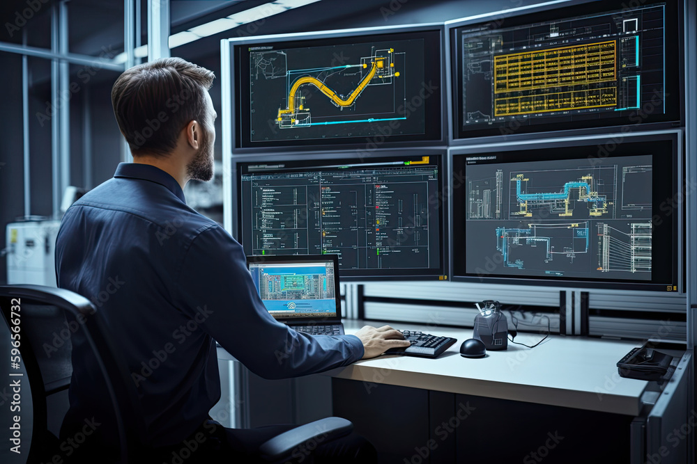Engineer manager monitors and controls robot arm automation in smart factories in real time monitoring system software, welding robots and digital manufacturing operations Engineer manager monitors and controls robot arm automation in smart factories in real time monitoring system software, welding robots and digital manufacturing operations