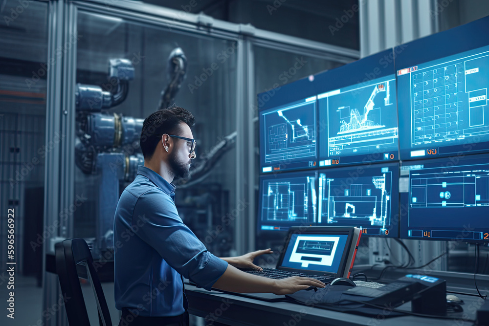 Engineer manager monitors and controls robot arm automation in smart factories in real time monitoring system software, welding robots and digital manufacturing operations Engineer manager monitors and controls robot arm automation in smart factories in real time monitoring system software, welding robots and digital manufacturing operations