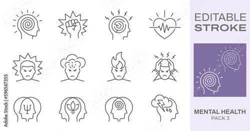 Mental health icons, such as stress, anger, rage, anxiety and more. Editable stroke.
