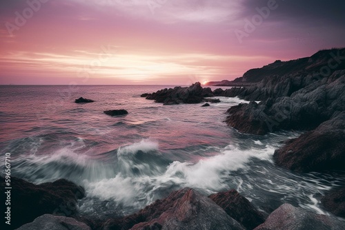 Stunning view of purple sky and sea. Generative AI