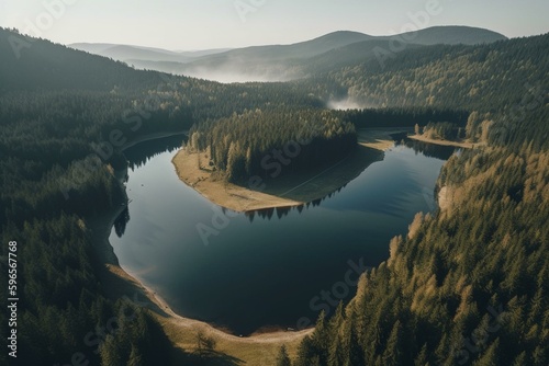Bird's-eye view of Ukraine's Carpathians and Synevir lake in Synevyr National Nature Park. Generative AI photo