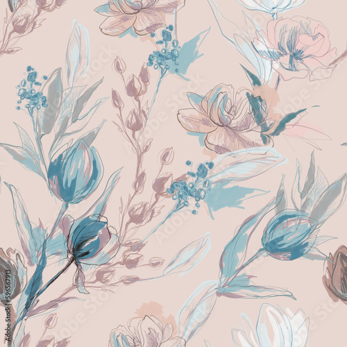 Abstract floral pattern, peonies and tulips, pastel colors on a beige background