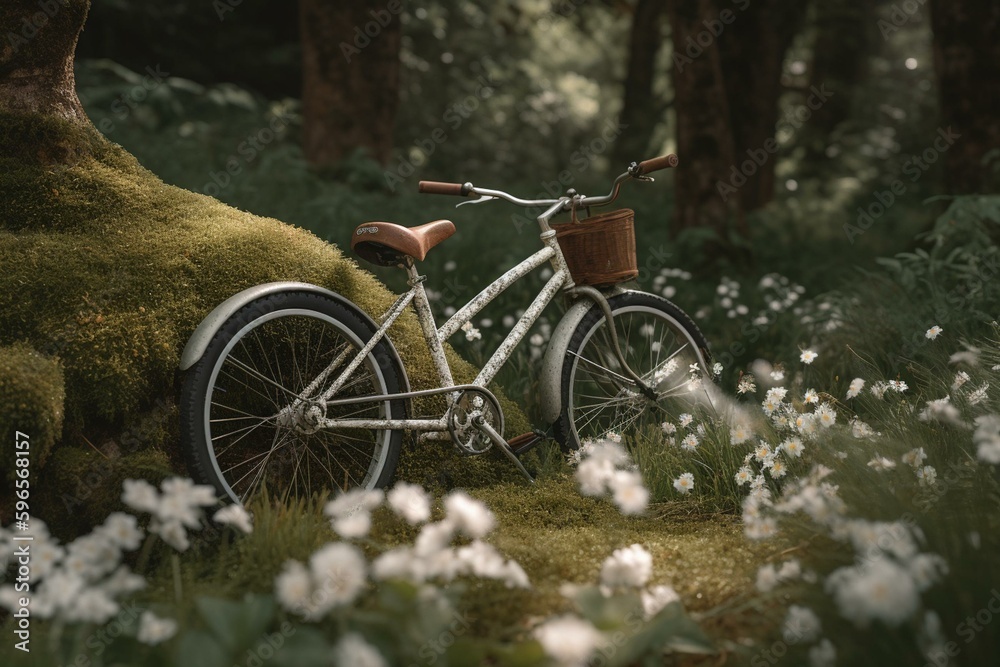 A bike in a mossy wooded area with white flowers, surrounded by trees. Generative AI