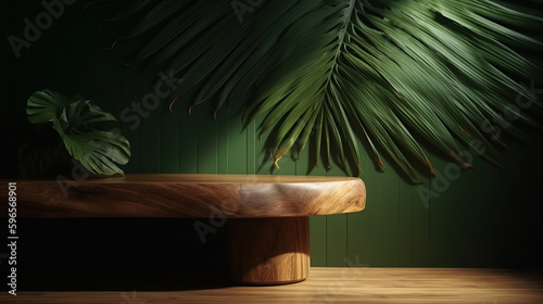 Empty wooden table counter with a tropical palm tree in dappled sunlight, leaf shadow on the green wall for luxury organic cosmetics - Generative AI