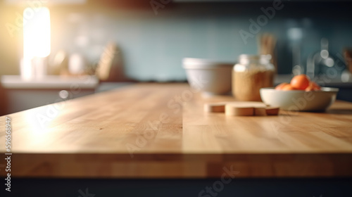 Empty wooden tabletop with blurred kitchen background. Mock-up for display or montage of product - Generative AI