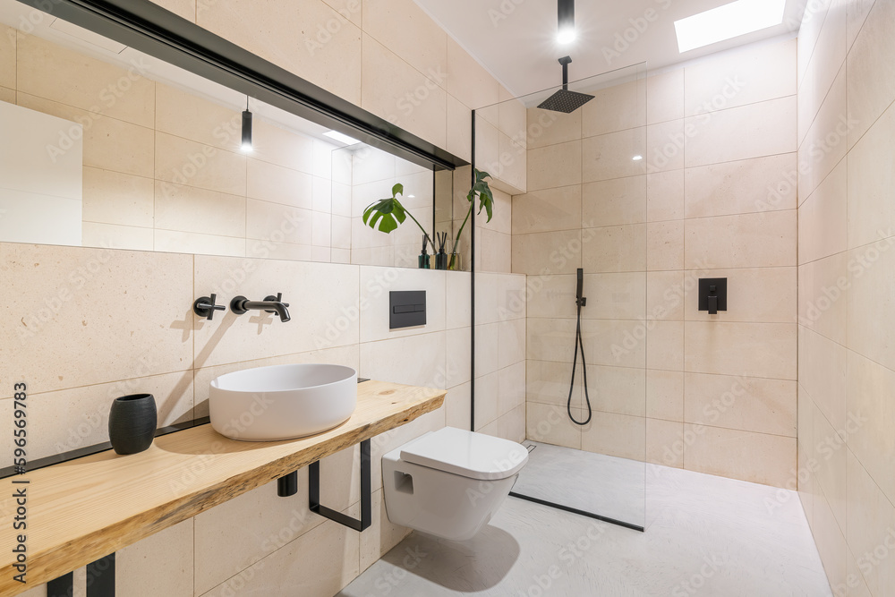 custom made wallpaper toronto digitalBright stylish spacious bathroom with a round sink on a wooden countertop, a toilet and a shower. The concept of new housing or renovation in an old apartment