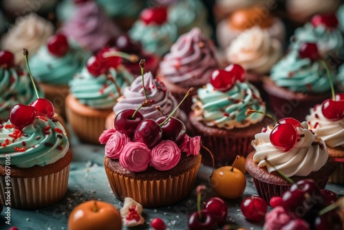 Colorful cupcakes with cherries and cream in appetizing patterns. Generative AI