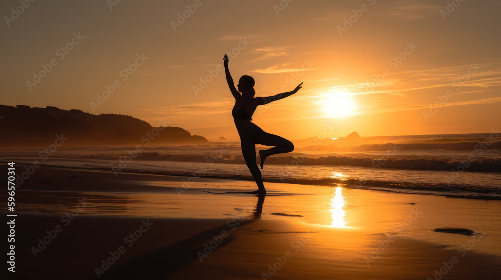 Woman dancing on the beach at sunset, wearing sport top and leggings, generative ai