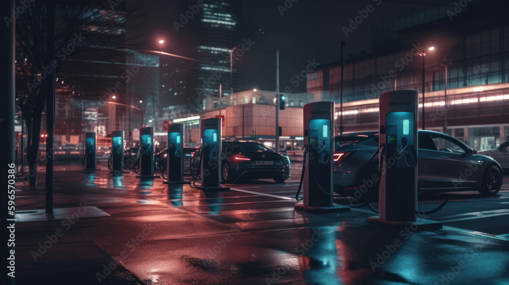 Electric vehicle charging station at night, illuminating sustainable transportation, generative ai