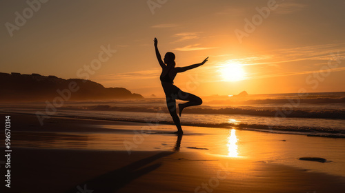 Woman dancing on the beach at sunset  wearing sport top and leggings  generative ai