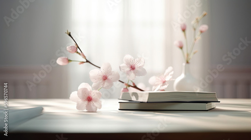 Cherry blossoms resting on an open book.Generative Ai