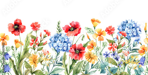 Seamless border with watercolor wild flowers. Poppies, bluebells, hydrangea, carnations, eschscholzia - seamless horizontal background.