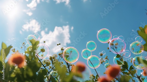 Close-up of a bunch of soap bubbles floating in the air.Generative Ai