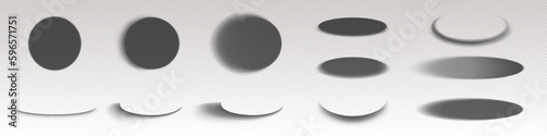 Circle drop shadows, round and ellipse shades. Soft gray oval gradients in side and top view isolated on transparent background, vector realistic illustration