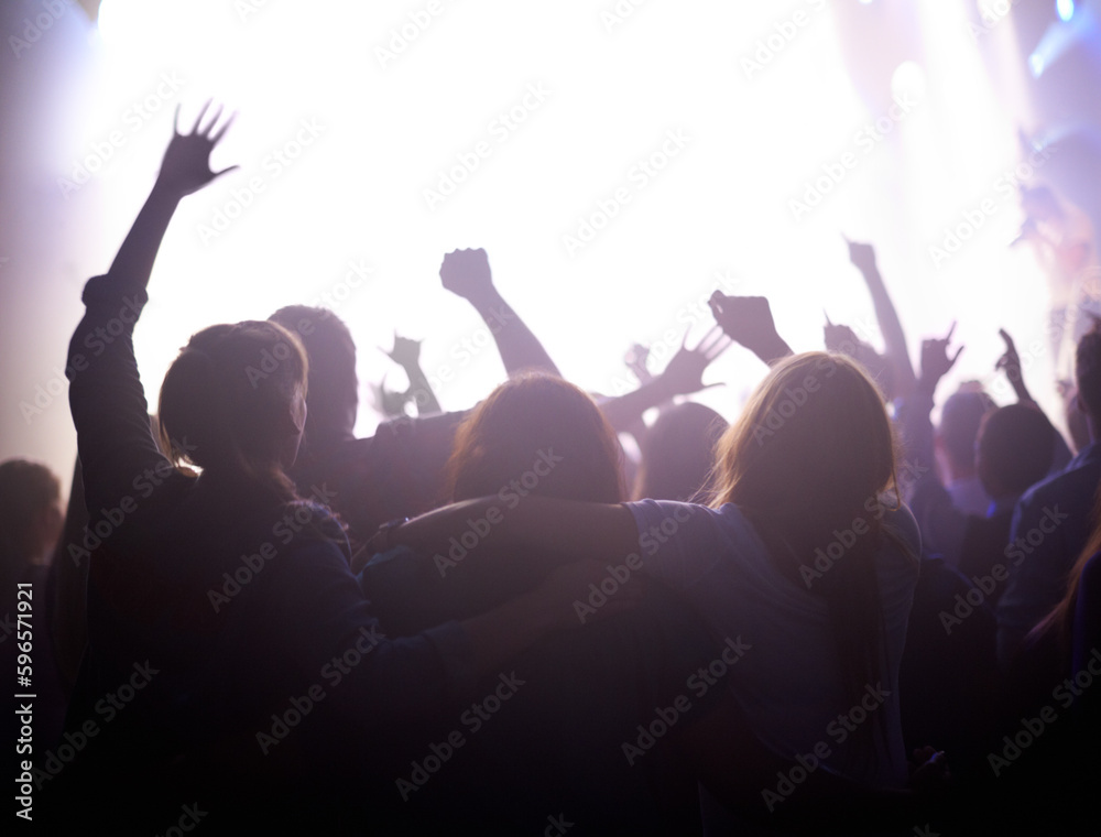 Group of people dancing at music festival from back, lights and energy at live concert event. Dance, fun and crowd of excited fans in arena at rock band performance or audience at party in silhouette