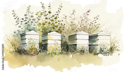 Wildflower Meadow in summer with beehives in a row, ecology concept, watercolor illustration. Generative AI