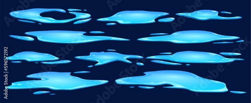 Liquid isometric water puddle on floor cartoon icon. Rain leak and drop splatter vector illustration. Wet thaw stain on ground surface isolated clipart. Pure tear splotch. Blue drink leakage
