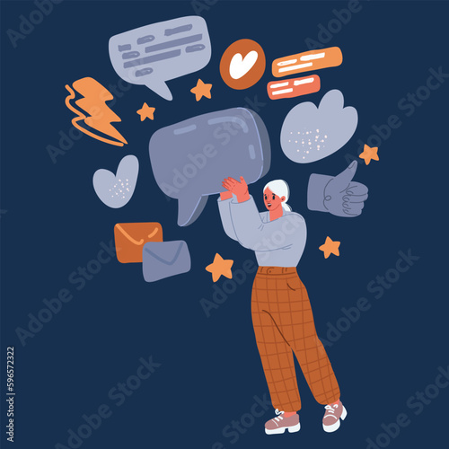 DCartoon vector illustration of woman holding speech bubbles for online communication or message. Woman with talk balloons communicating