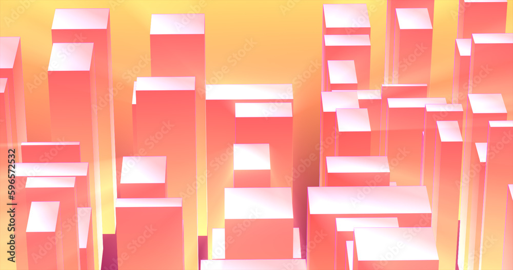 Abstract 3d cubes rectangles orange yellow gradient in the form of a big city with skyscrapers abstract background