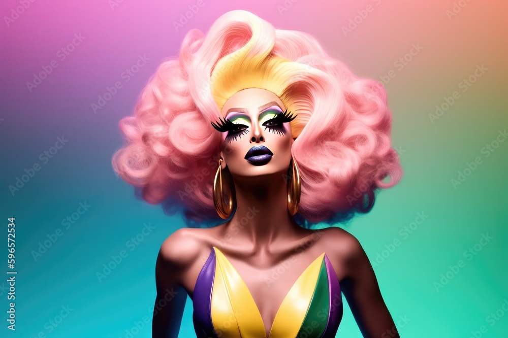 Fictional Drag Queen with colorful make-up and hairstyle: Man dressed up as a woman on vibrantly colored background, created with generative ai
