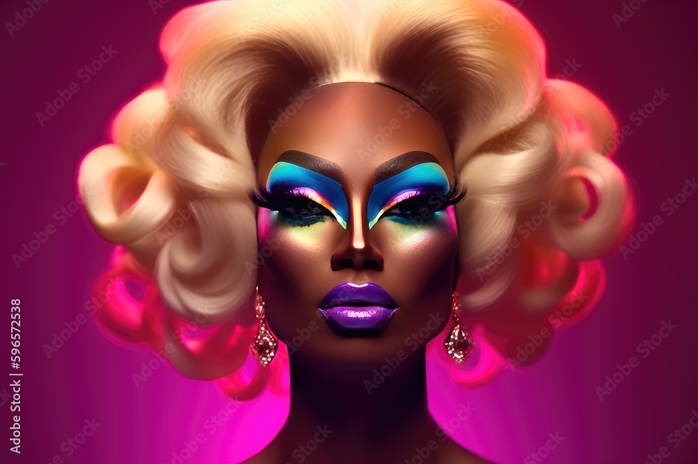 Fictional Drag Queen with creative make-up in transgender colors and blond wig: Man dressed up as a woman on vibrantly colored background, created with generative ai