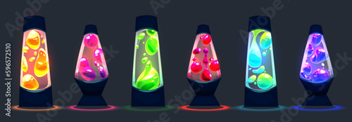 Isolated retro lava lamp vector neon light graphic set. Psychedelic magma luminous illustration with pink, green, red and purple shining float bubbles. Colorful glass bottle clipart design collection