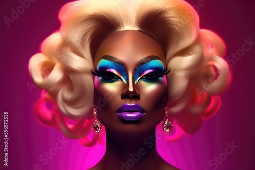 Fictional Drag Queen with creative make-up in transgender colors and blond wig: Man dressed up as a woman on vibrantly colored background, created with generative ai