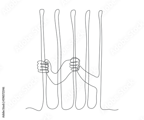 abstract hands behind bars, captivity, prison, incarceration Continuous One Line Drawing