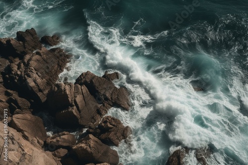 Bird's-eye ocean view with sunlight and waves crashing on rocks. Generative AI
