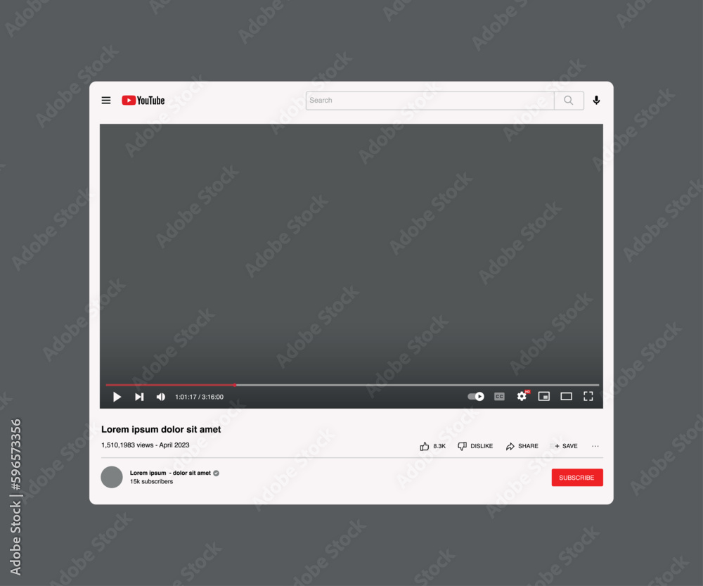 Mumbai 26th April, 2023 Youtube Video screen frame template for mockup on isolated grey