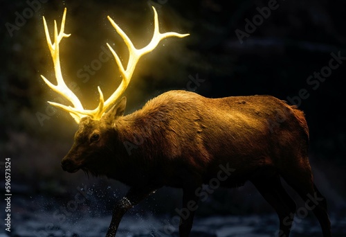 Bull elk crossing a river on a dark background with horn glowing wallpaper HD 4K