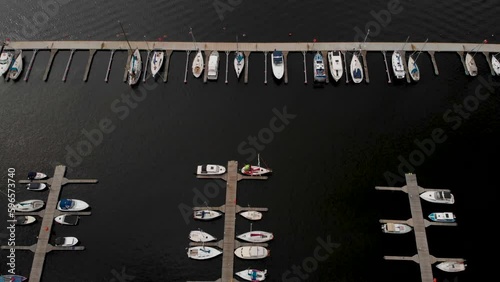 Small Pleasure Boats Anchored In The Yacht Port In Dabie Lake In Szczecin, Poland. - aerial photo