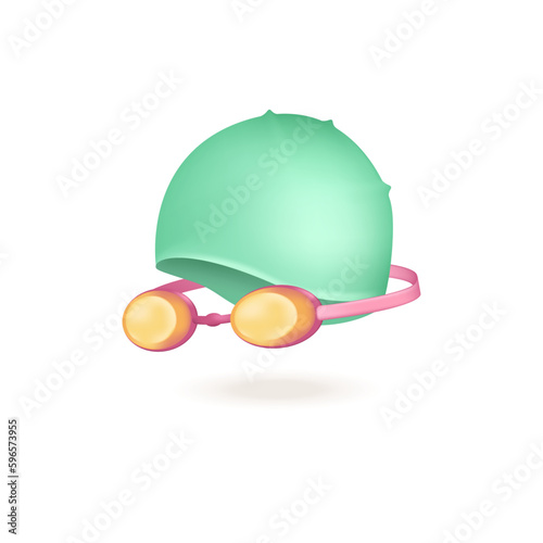 Swim cap and goggles 3d vector illustration. Equipment for professional swimming or diving in cartoon style isolated on white background. Sport, competition, health concept