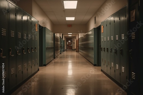 Empty high school hallway with lockers. Generative AI