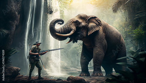A hunter holds a gun to hunt elephants in the forest. generative AI