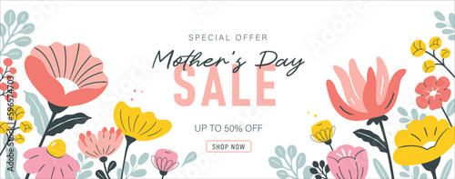 Mother's day sale banner, poster, background design with beautiful blossom flowers.