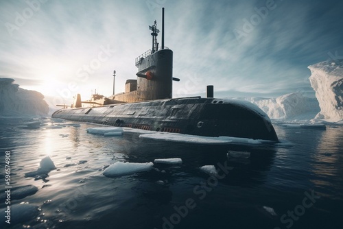 Dramatic military submarine maneuvers in arctic waters. Generative AI