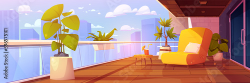 House or flats balcony with garden, furniture and city view. Empty terrace interior with glass fence, railing, plants in pots and chair, vector cartoon illustration