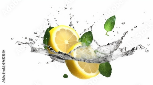 lemon, lemonade with splashes of water on a white background. Generative AI