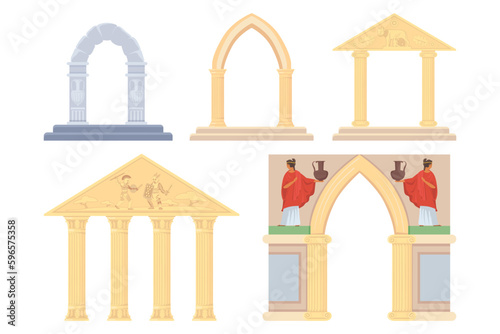 Arches of different historic periods vector illustrations set. Pillars for ancient building facade, entrance to palace or castle. Ancient Rome and Greece, baroque, architecture, luxury concept
