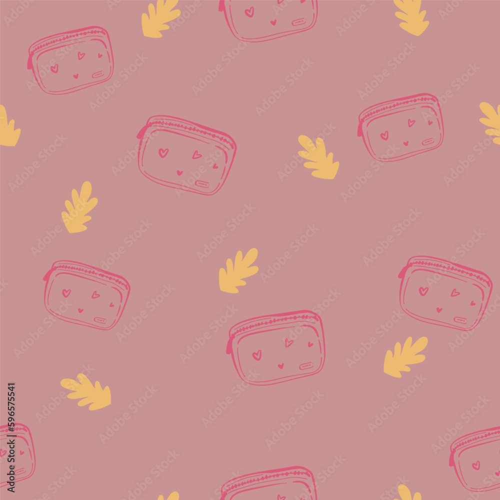 Fashion bags seamless pattern. Girly waist bag, fabric backpack, sunglasses and makeup cosmetics. Travel accessories, fancy handbag decent vector background,